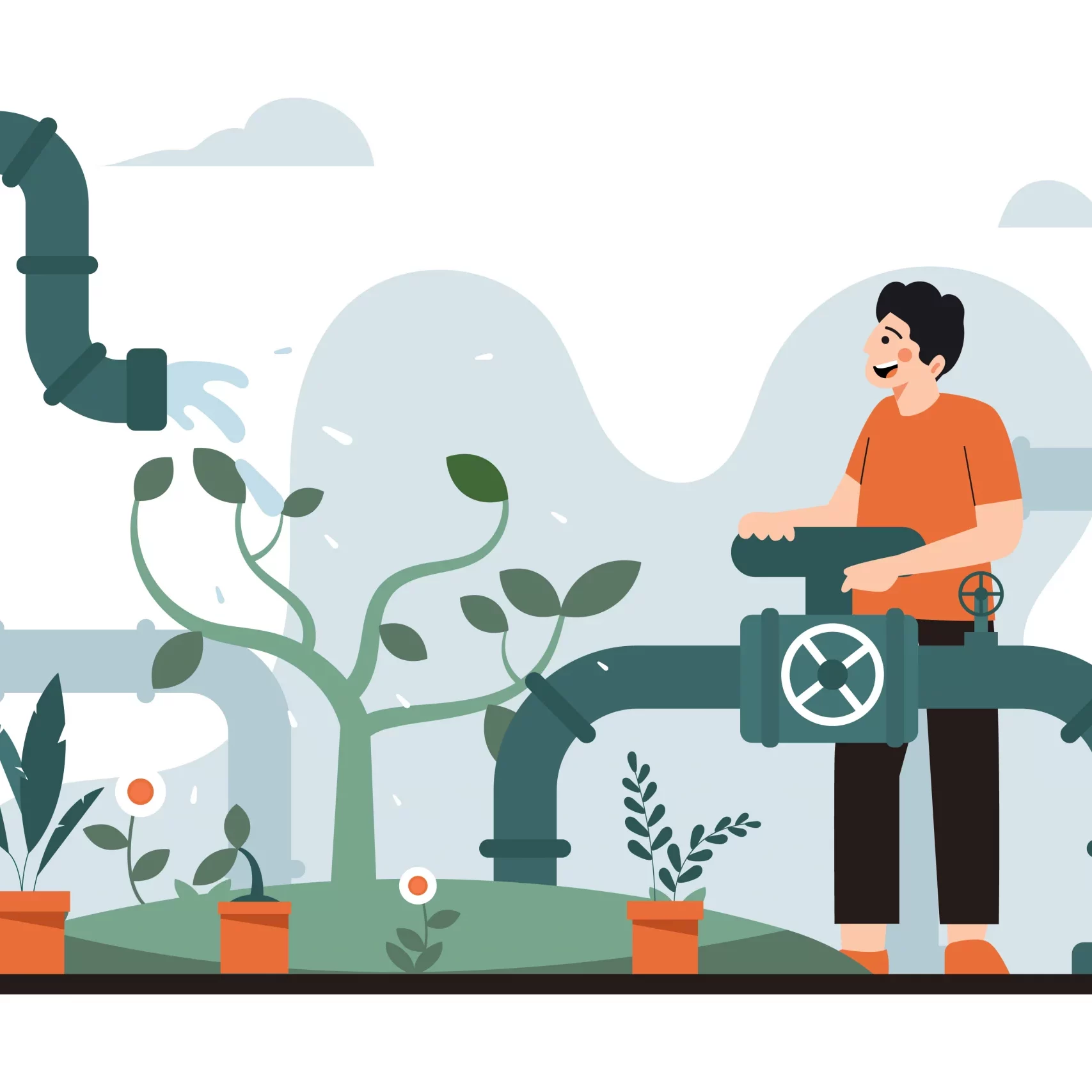 dessin d'un homme arrosant des plantes